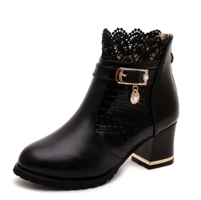 2025 Round Toe Women Fashion Crystal Belt Buckle Boots – 6CM Square High Heels, Sexy Leopard Lace Ankle Boots