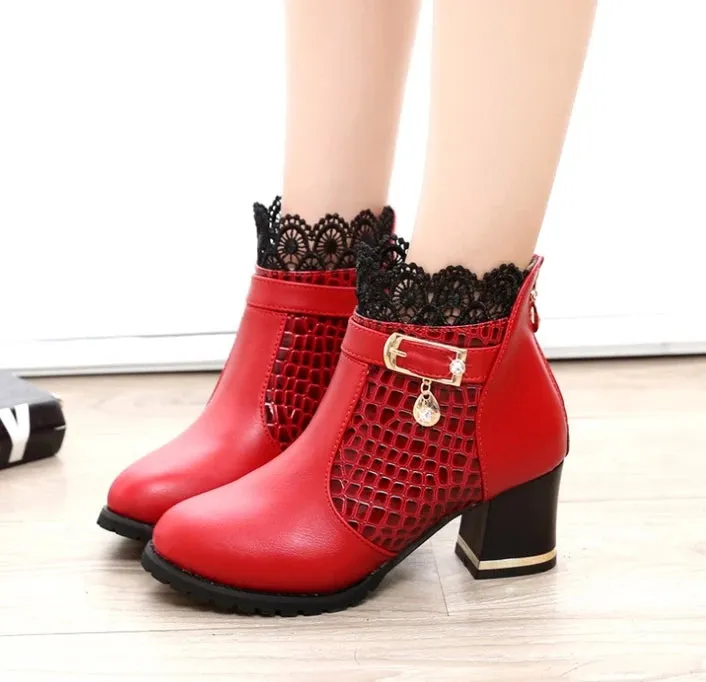 2025 Round Toe Women Fashion Crystal Belt Buckle Boots – 6CM Square High Heels, Sexy Leopard Lace Ankle Boots