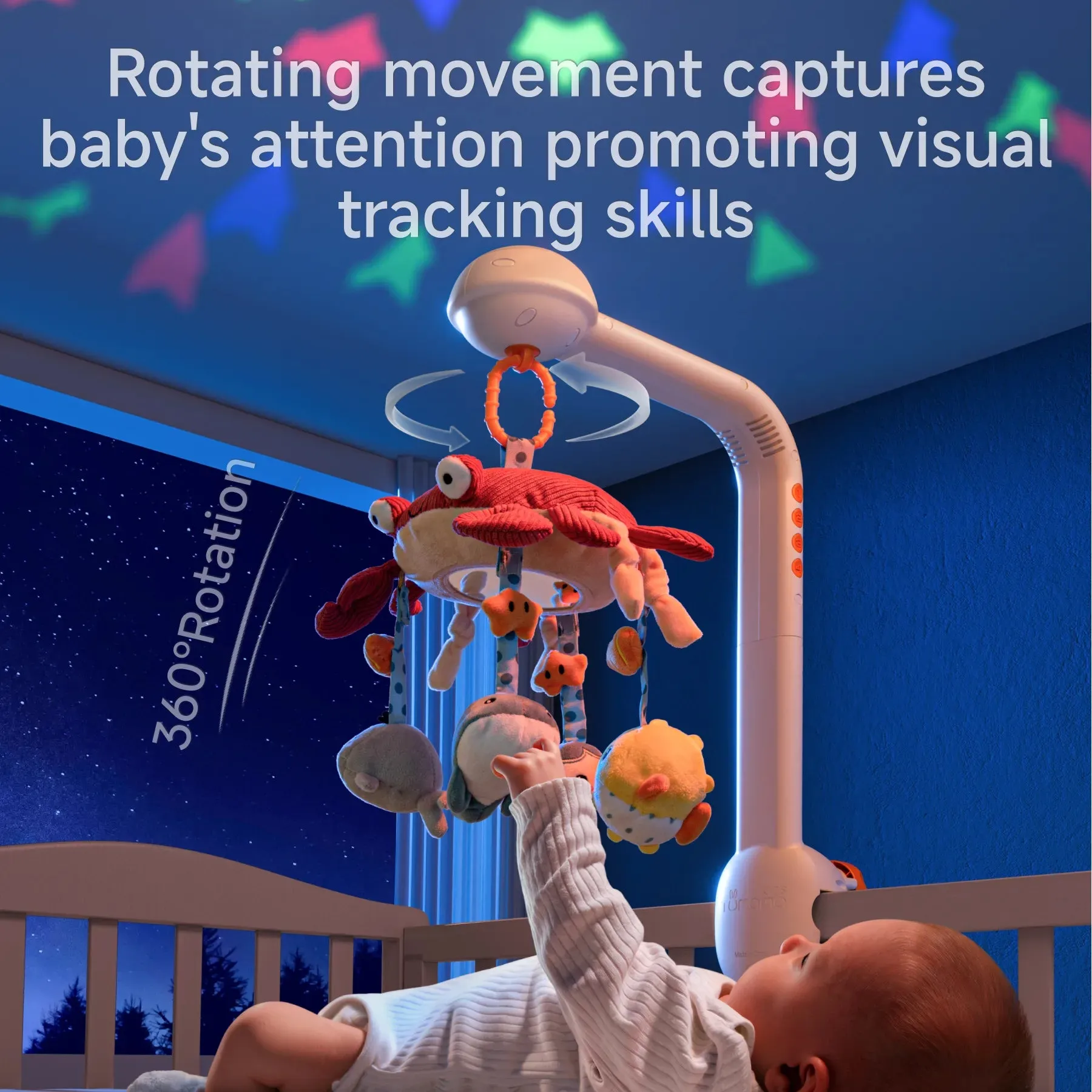 Baby crib mobile for crib, bluetooth crib toys with projection night light lullaby white Noise, soft hanging crab mirror toy, nursery toys for Infant 0 Month 