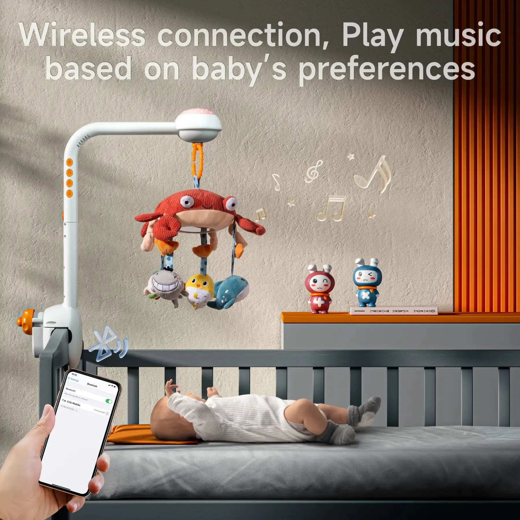 Baby crib mobile for crib, bluetooth crib toys with projection night light lullaby white Noise, soft hanging crab mirror toy, nursery toys for Infant 0 Month 