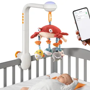 Baby crib mobile for crib, bluetooth crib toys with projection night light lullaby white Noise, soft hanging crab mirror toy, nursery toys for Infant 0 Month 