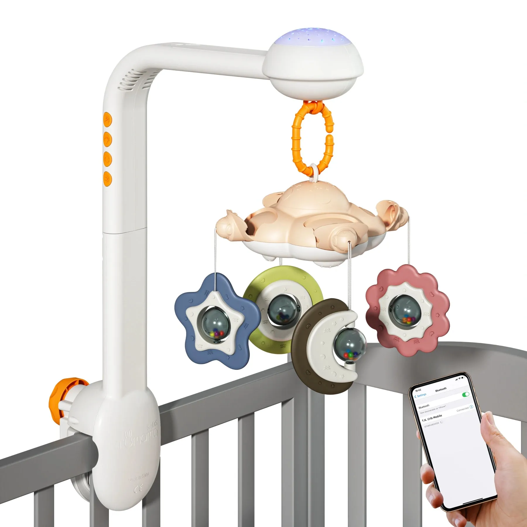 Baby crib mobile for crib, bluetooth crib toys with projection night light lullaby white Noise, soft hanging crab mirror toy, nursery toys for Infant 0 Month 