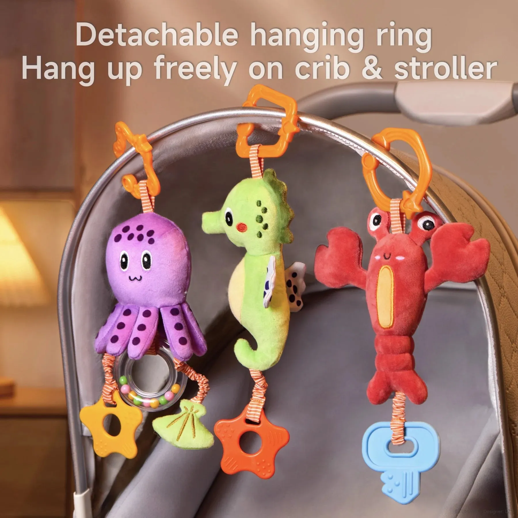 Baby toy, hanging plush toy for crib stroller car seat, baby soft rattle teether seahorse octopus lobster toy set for newborn infant 0 Month 