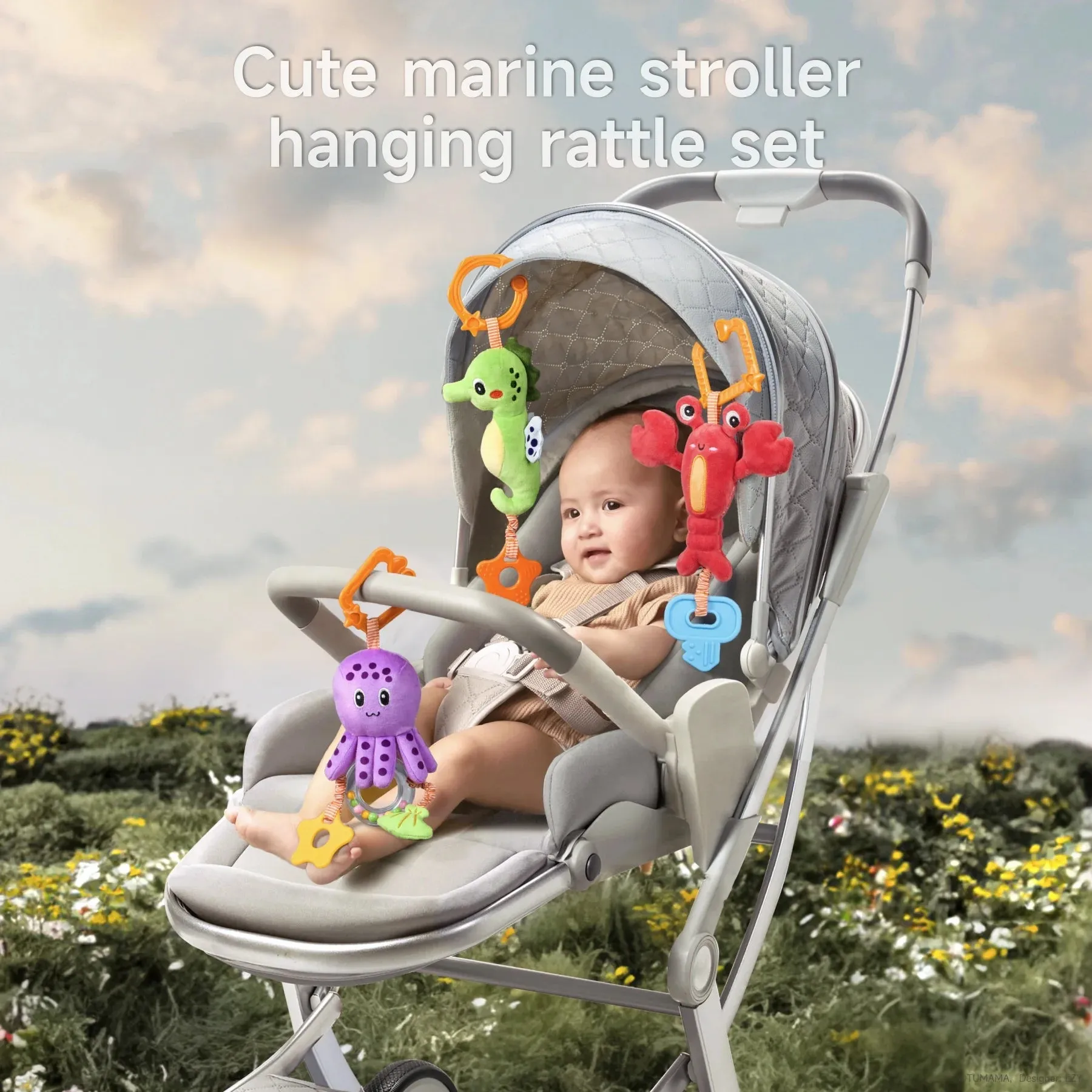 Baby toy, hanging plush toy for crib stroller car seat, baby soft rattle teether seahorse octopus lobster toy set for newborn infant 0 Month 
