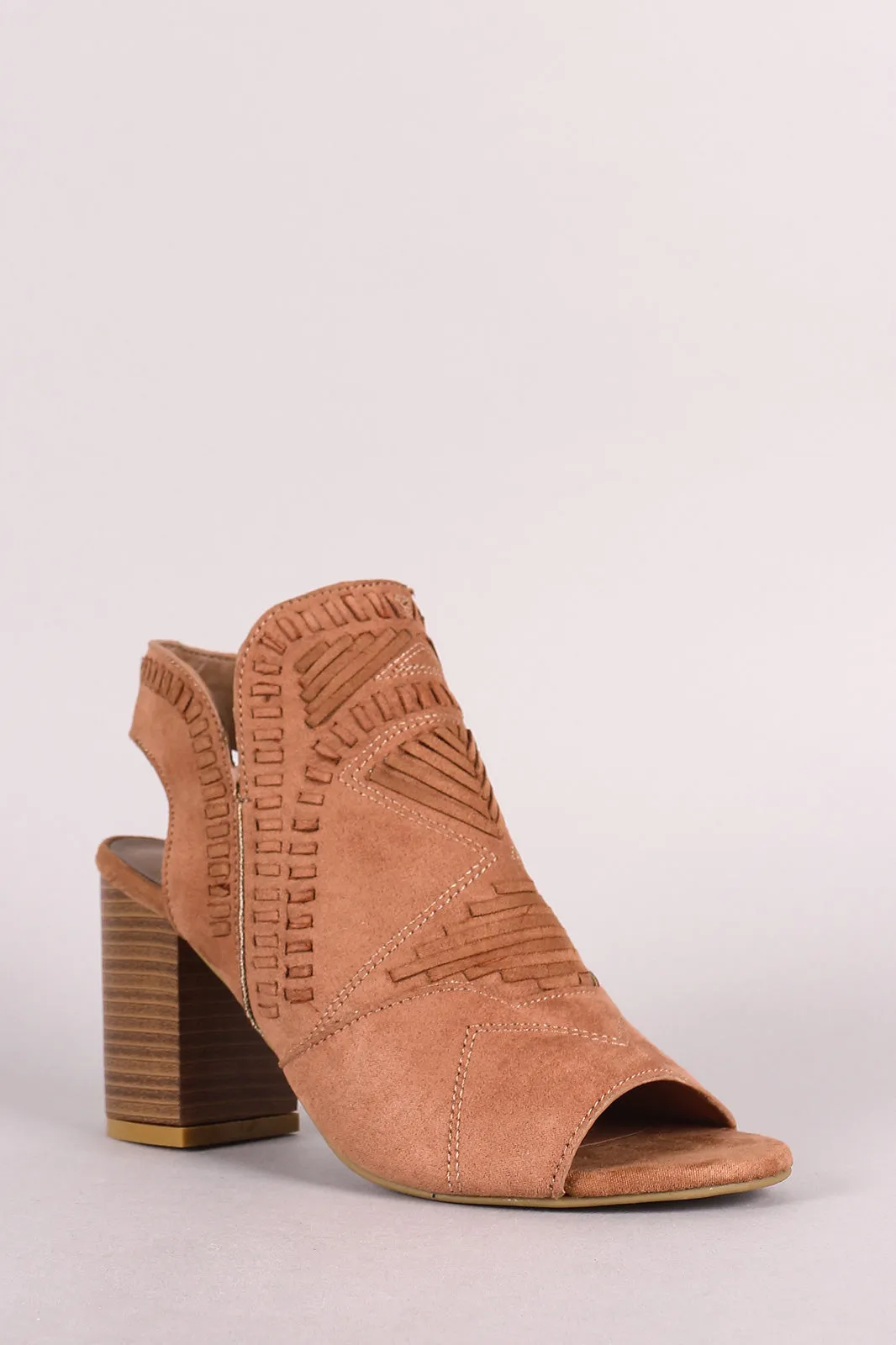 Bamboo Topstitch Woven Peep Toe Stacked Chunky Heel Booties