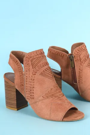Bamboo Topstitch Woven Peep Toe Stacked Chunky Heel Booties