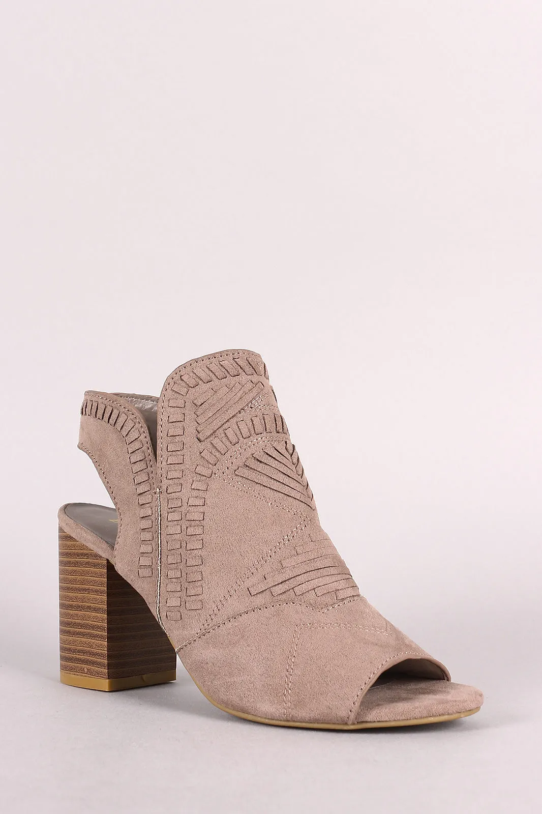Bamboo Topstitch Woven Peep Toe Stacked Chunky Heel Booties