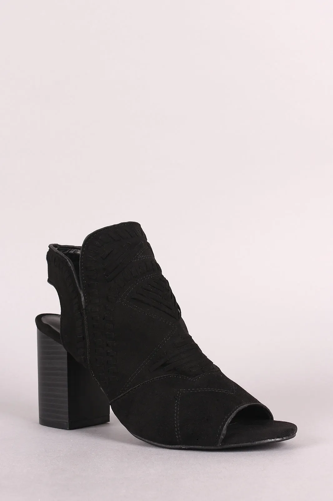 Bamboo Topstitch Woven Peep Toe Stacked Chunky Heel Booties