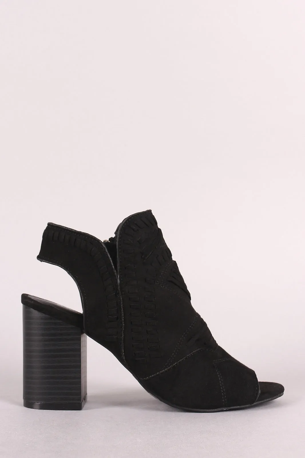 Bamboo Topstitch Woven Peep Toe Stacked Chunky Heel Booties
