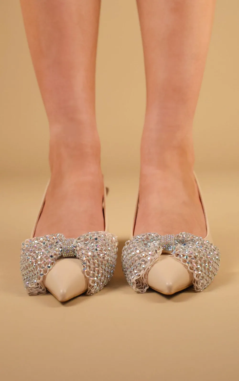 Beige Diamante Bow Design Slingback Kitten Heel Court Shoe