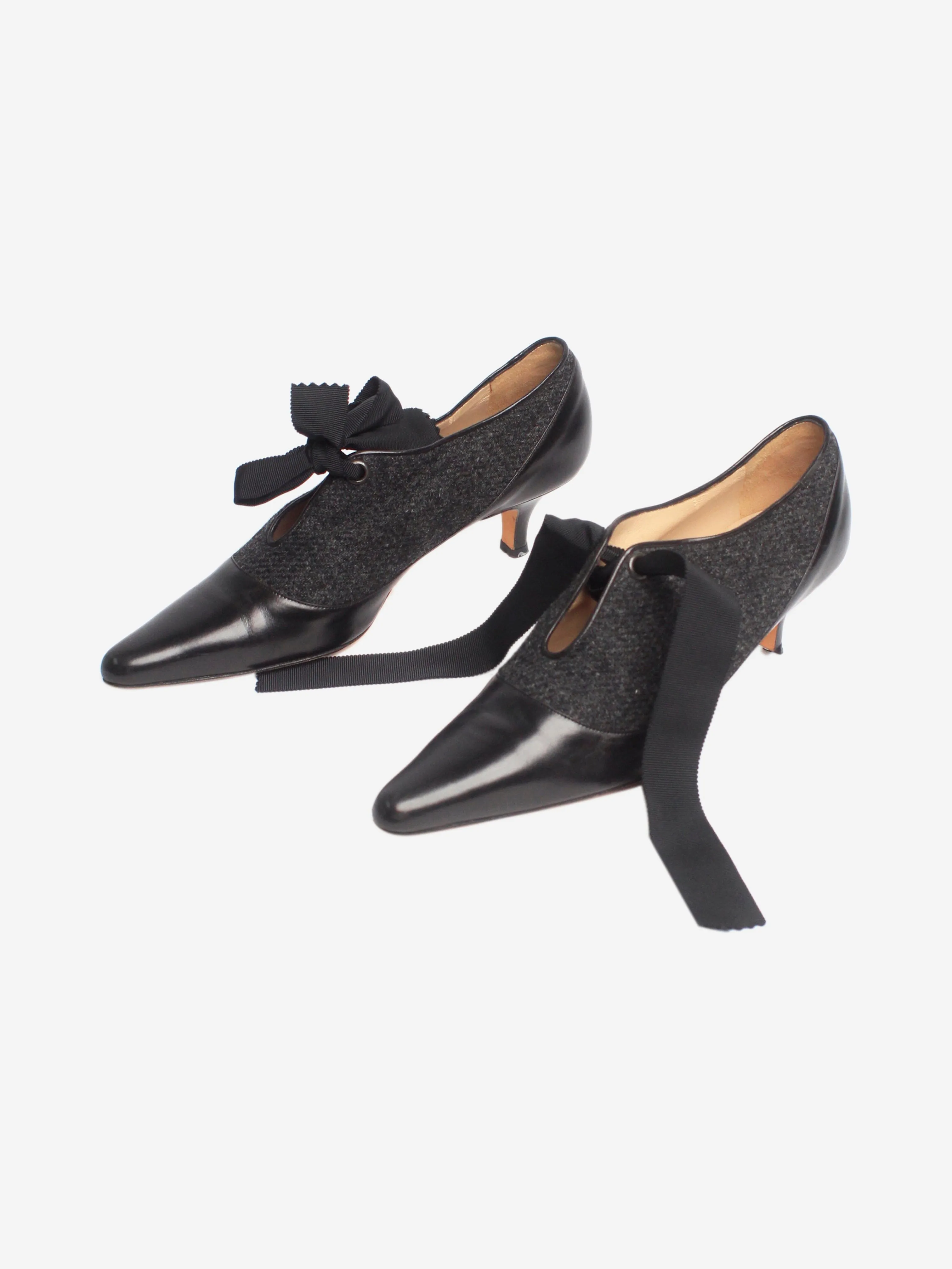 Black and grey tweed and leather bow kitten heels - size EU 37.5