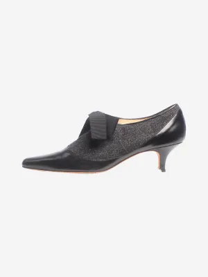 Black and grey tweed and leather bow kitten heels - size EU 37.5