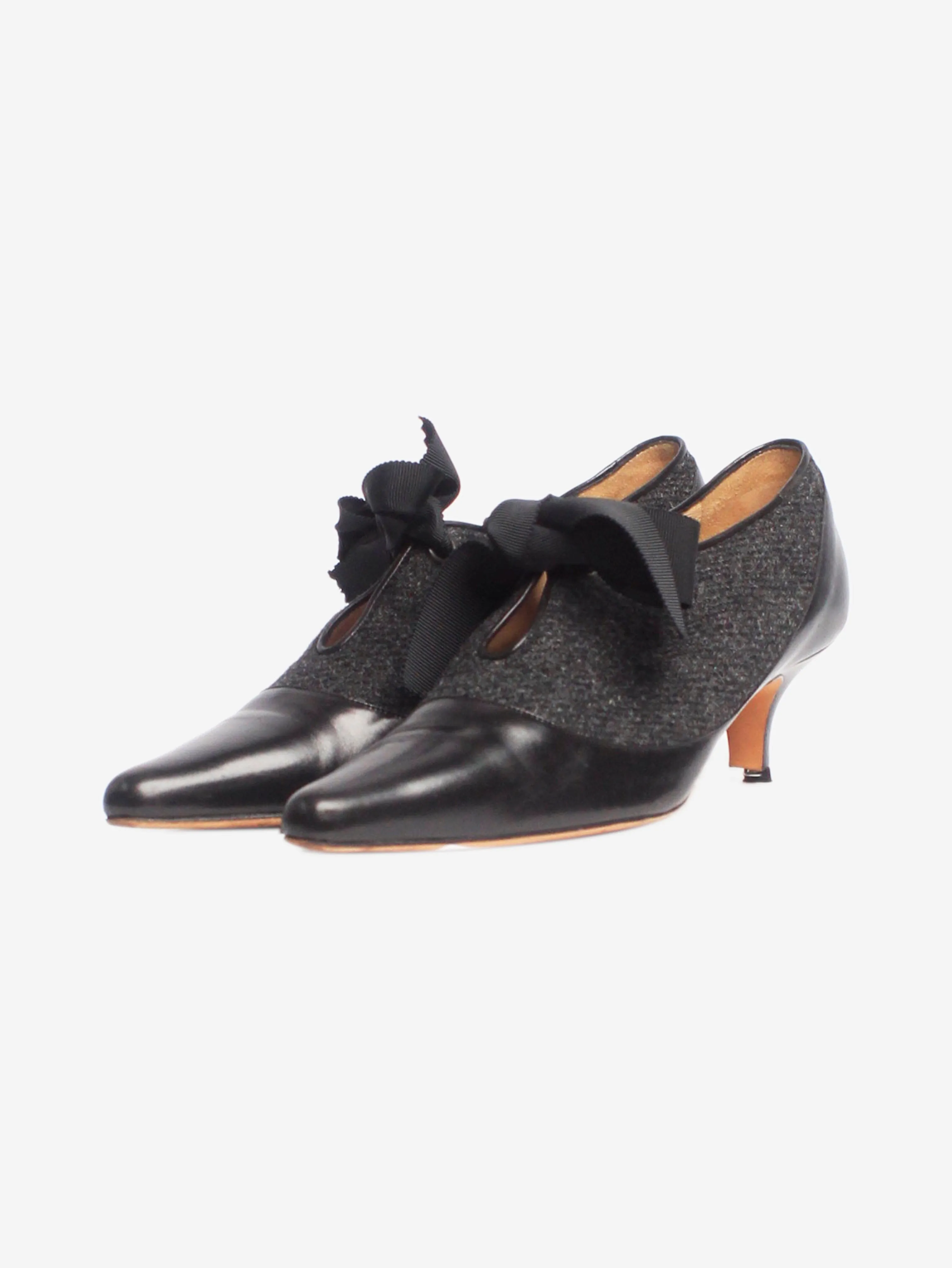 Black and grey tweed and leather bow kitten heels - size EU 37.5