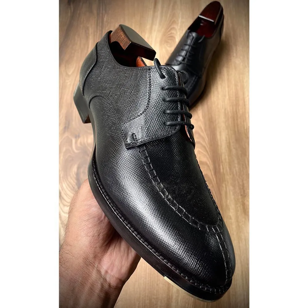 Black Glossed Hatch Grain Split Toe Derby With Metal Toe Plate