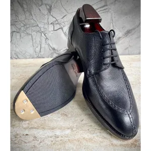 Black Glossed Hatch Grain Split Toe Derby With Metal Toe Plate