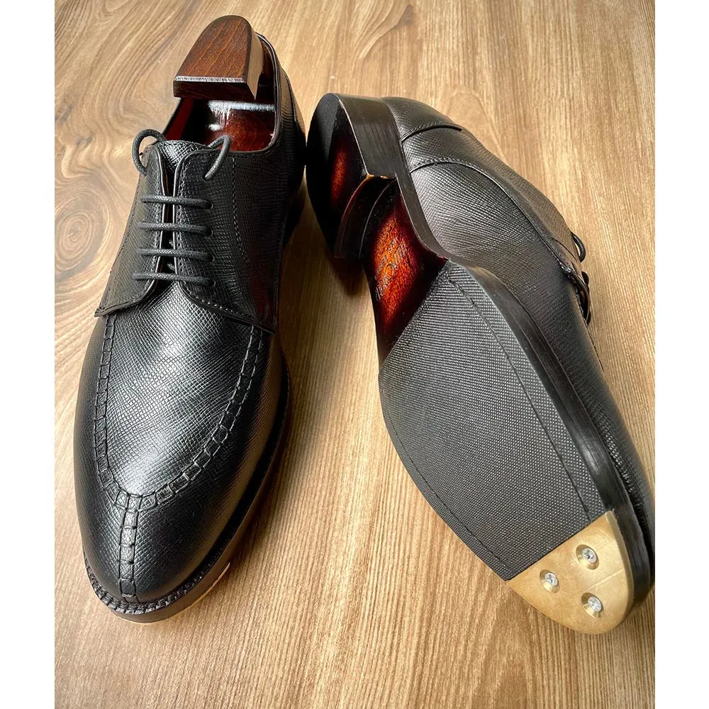 Black Glossed Hatch Grain Split Toe Derby With Metal Toe Plate