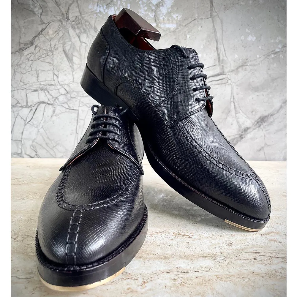 Black Glossed Hatch Grain Split Toe Derby With Metal Toe Plate