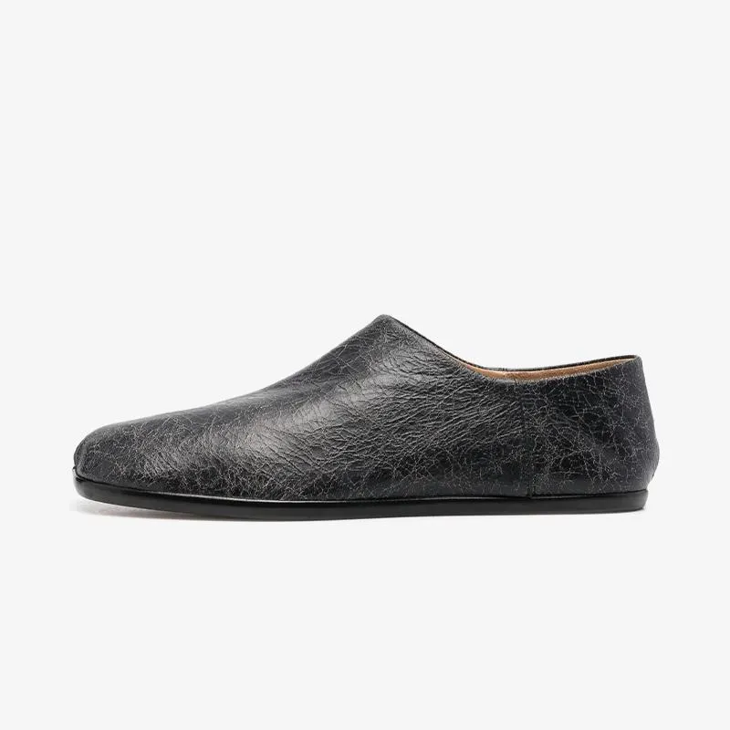 Black Split-Toe Leather Slippers