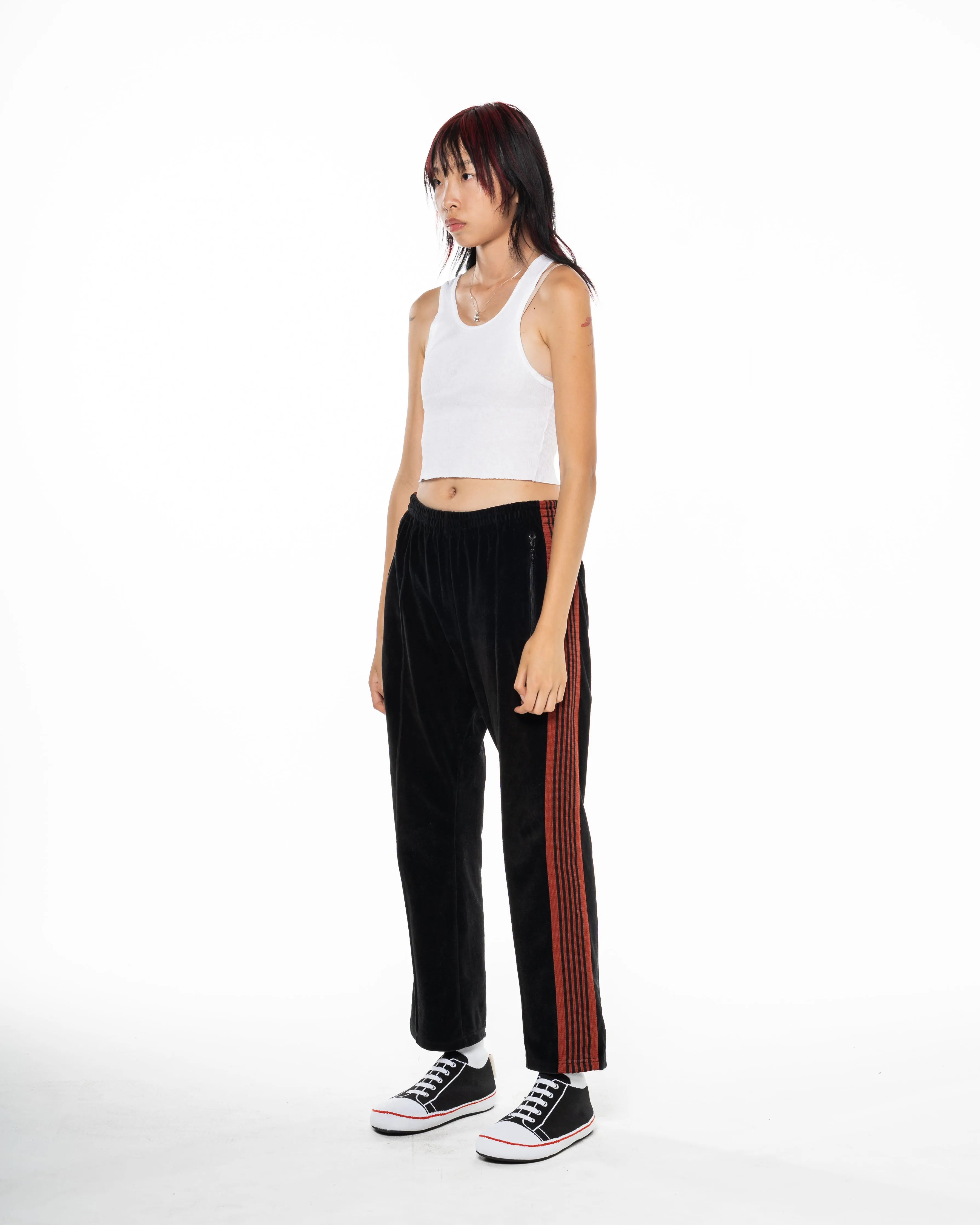 Black/Red Velour Striped Trackpants