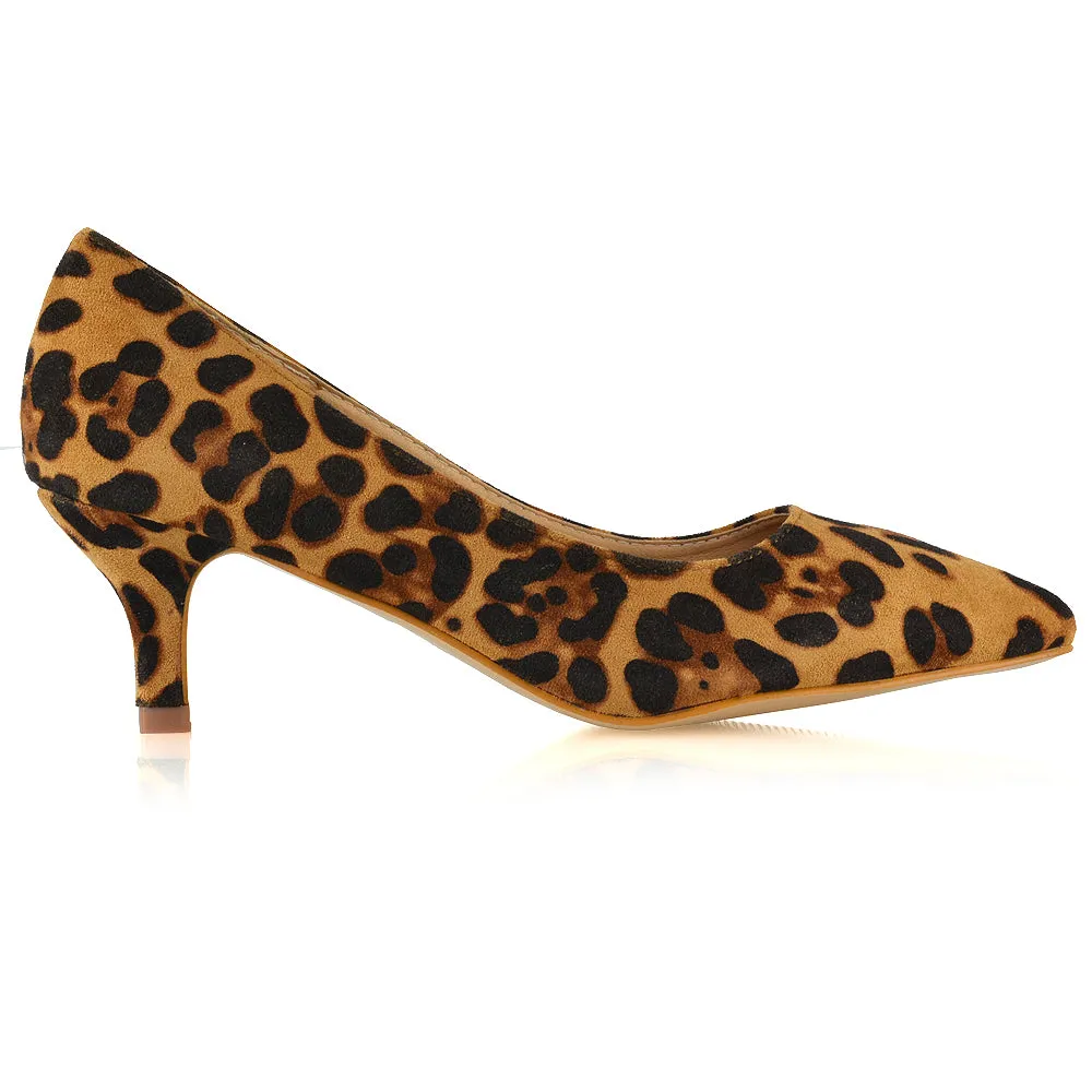 Cali Pointed Toe Slip on Low Stiletto Kitten High Heel Court Shoes in Leopard