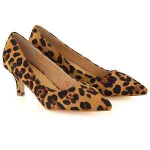 Cali Pointed Toe Slip on Low Stiletto Kitten High Heel Court Shoes in Leopard