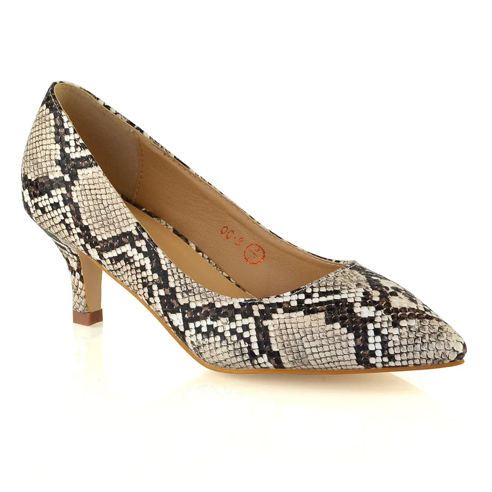 Cali Pointed Toe Slip on Low Stiletto Kitten High Heel Court Shoes in Leopard