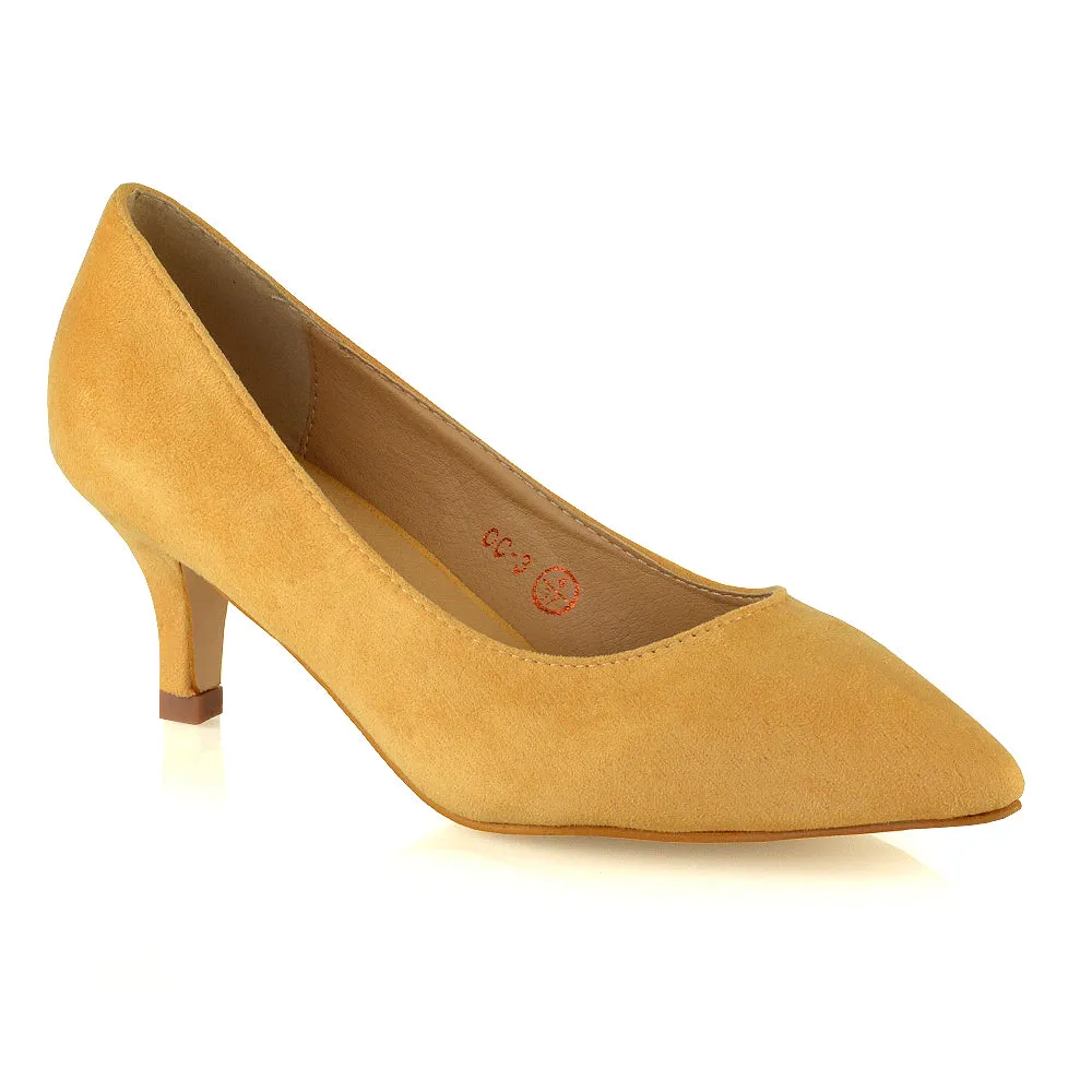 Cali Pointed Toe Slip on Low Stiletto Kitten High Heel Court Shoes in Leopard