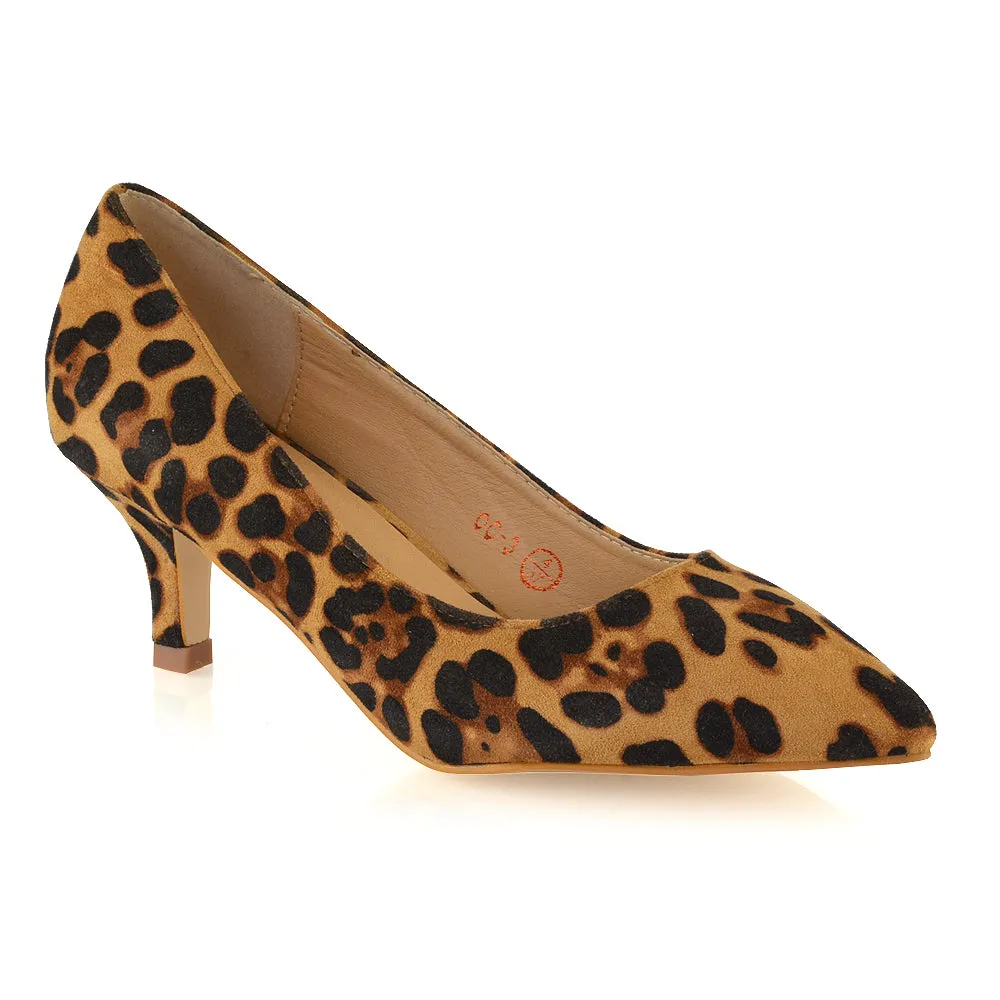 Cali Pointed Toe Slip on Low Stiletto Kitten High Heel Court Shoes in Leopard