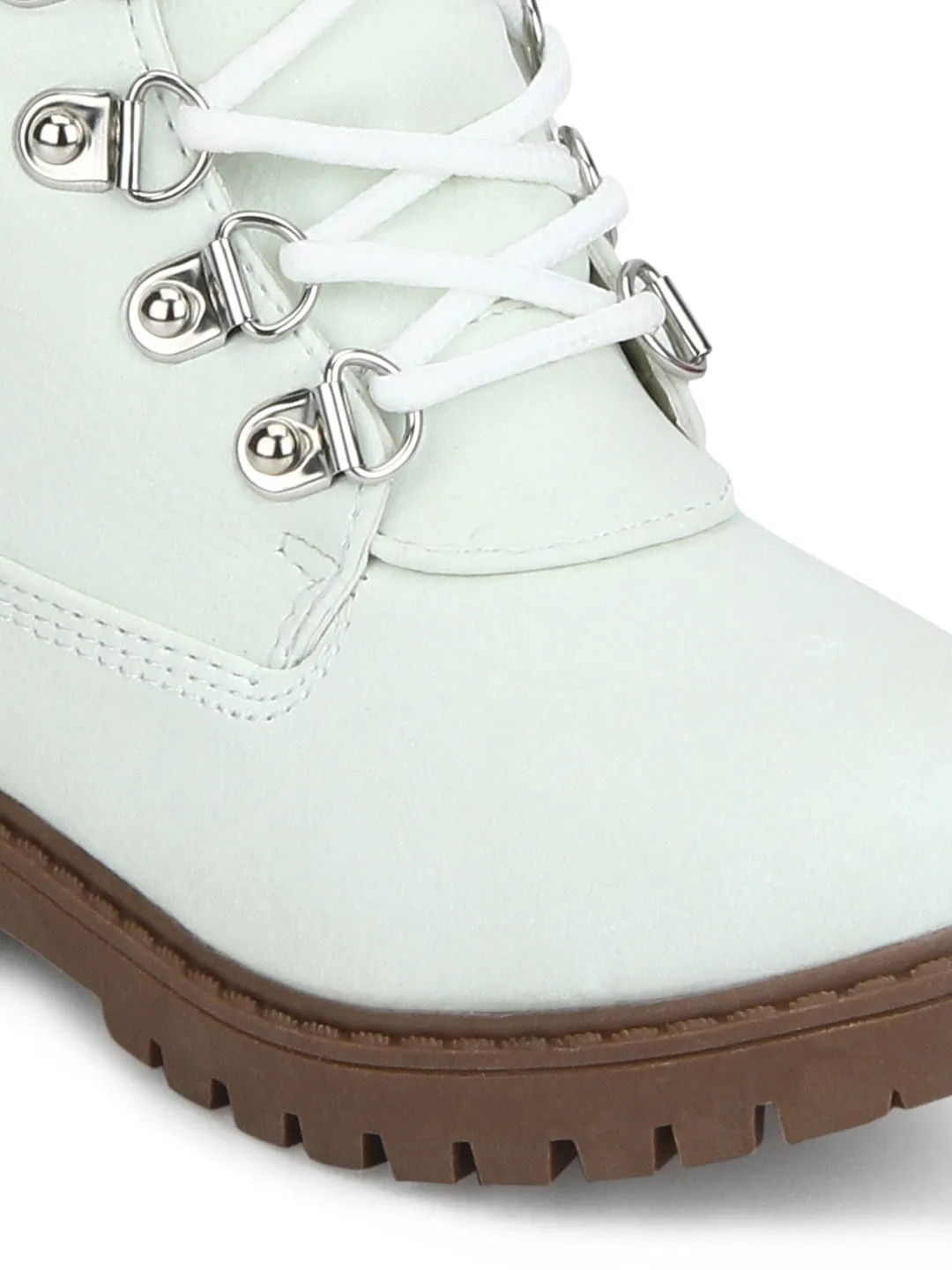 Cream PU Lace-up Ankle Boots