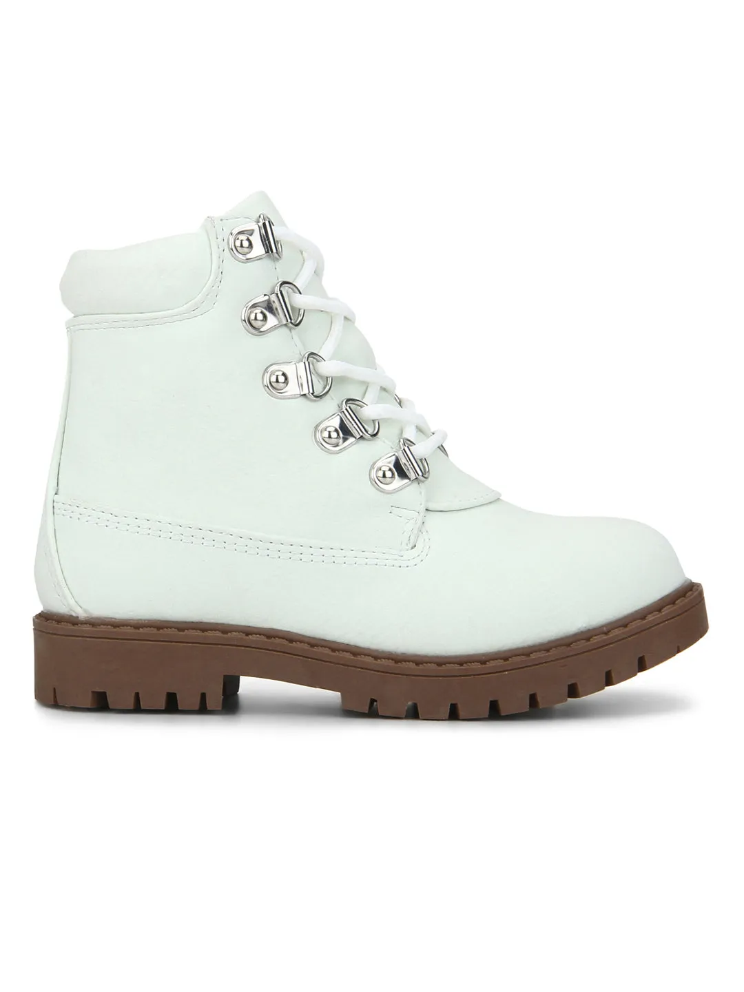 Cream PU Lace-up Ankle Boots