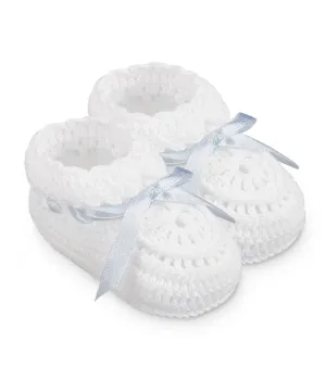 Crochet Bootie | White with Blue Ribbon
