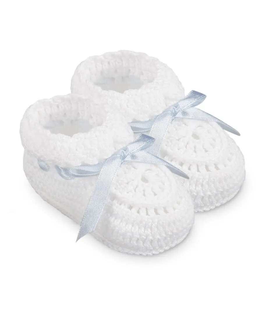 Crochet Bootie | White with Blue Ribbon