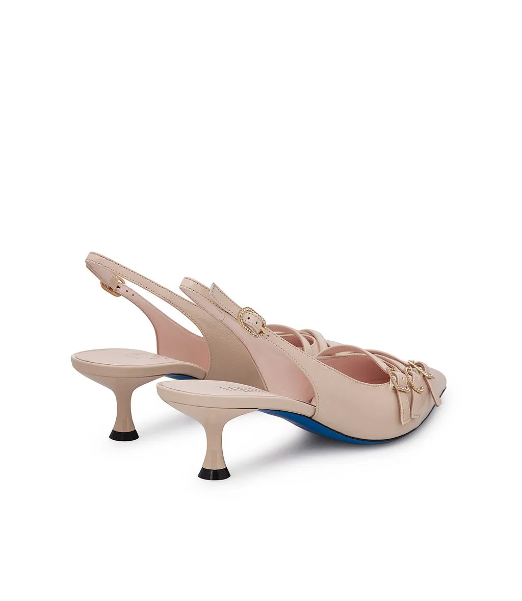 Decorative straps sand leather slingback pumps