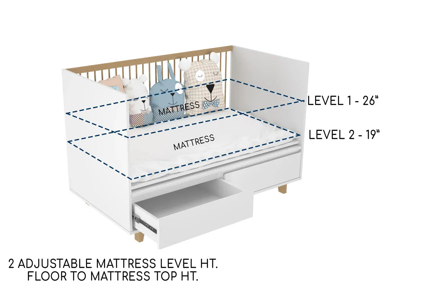 Elegant Light Crib with 2 Drawers