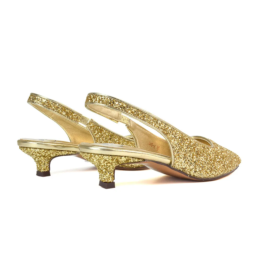 Gerri Pointed Toe Glitter Slingback Kitten Heel Court Shoes in Gold Glitter