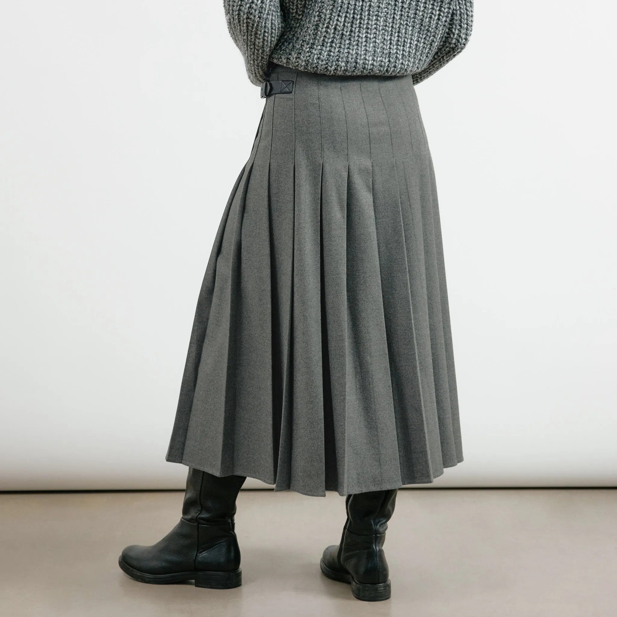 Grey Flannel Pleat Midi Skirt