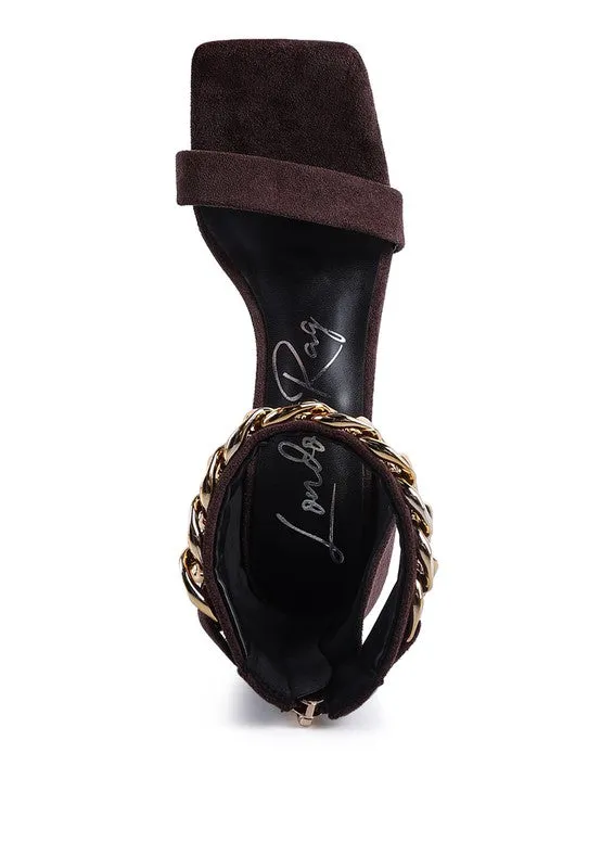 HEELED FAUX SUEDE CHAIN STRAP SANDAL