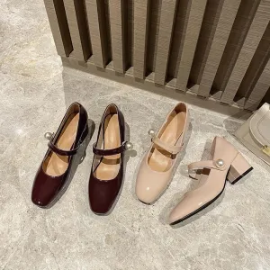 Hnzxzm Genuine Leather Literary Retro Block Heel Mary Jane Shoes Versatile Hepburn Wedding Shoes Mid-heel Pearl Single Shoes Women