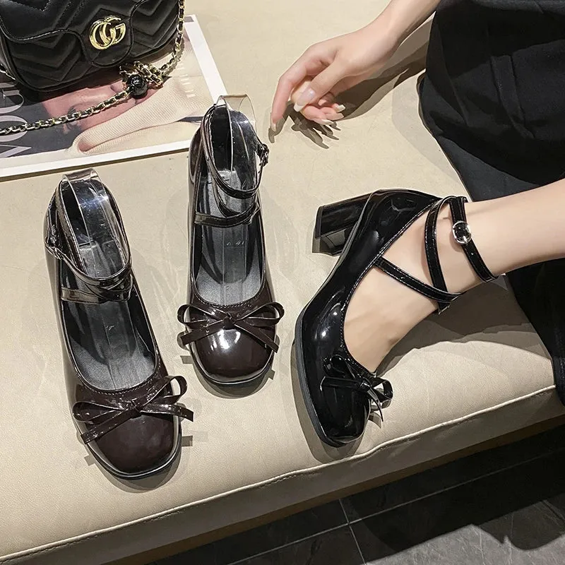 Hnzxzm New Mary Jane Women Pumps Thick High Heels Shoes Female Lolita Square Toe Shoes Spring Fashion Party Leather Woman Shoes