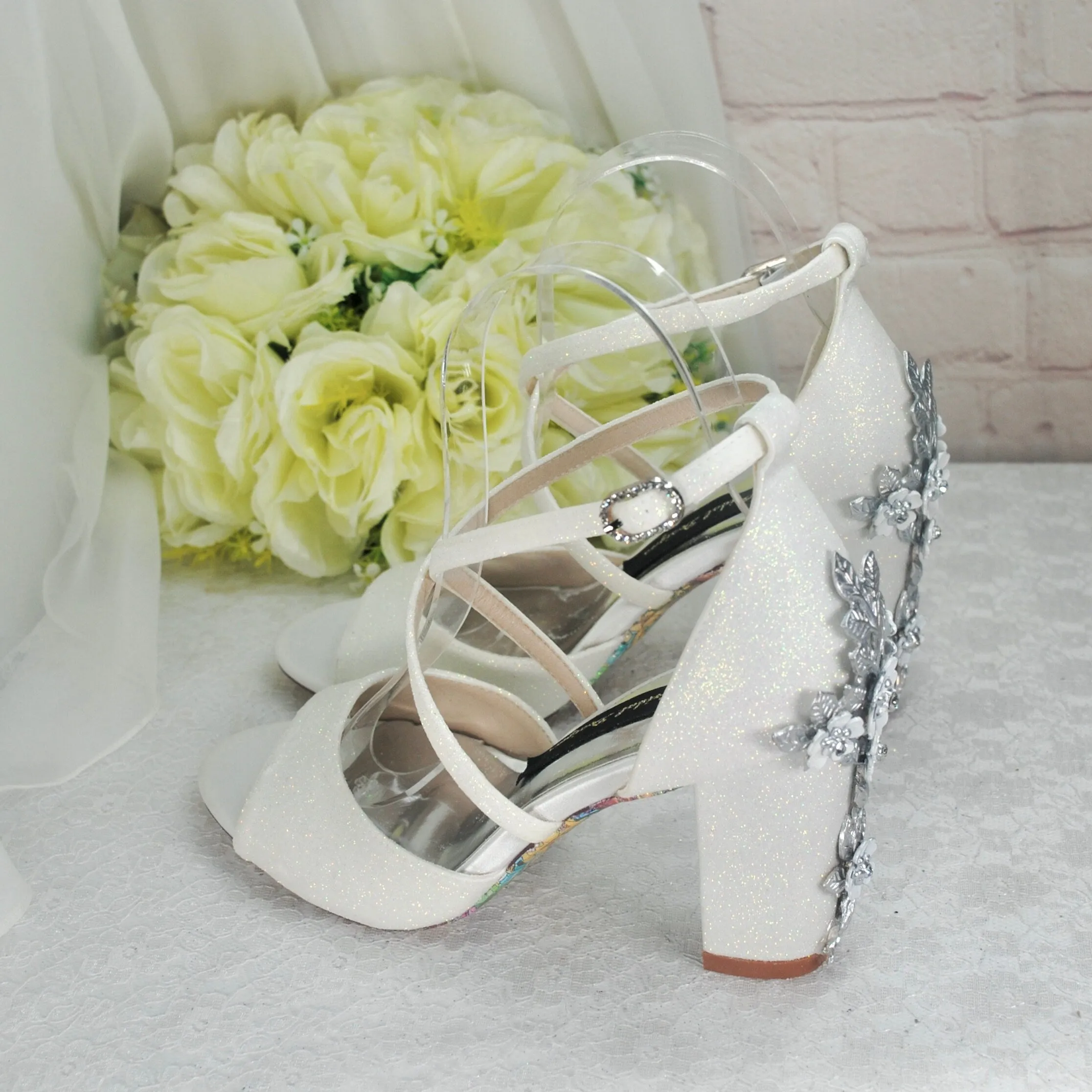 Ivory Shimmer Block Heel Bridal Sandals
