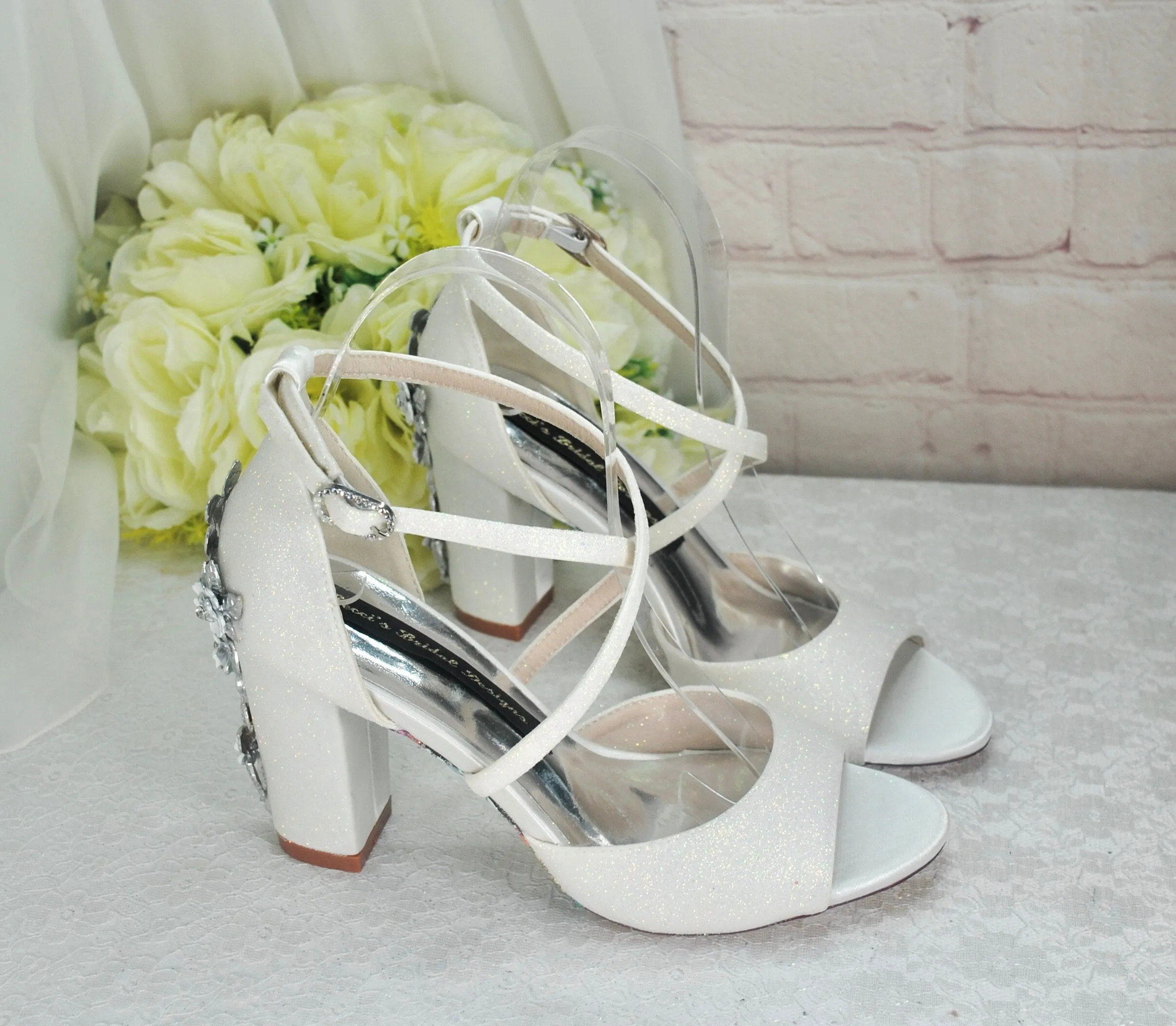 Ivory Shimmer Block Heel Bridal Sandals