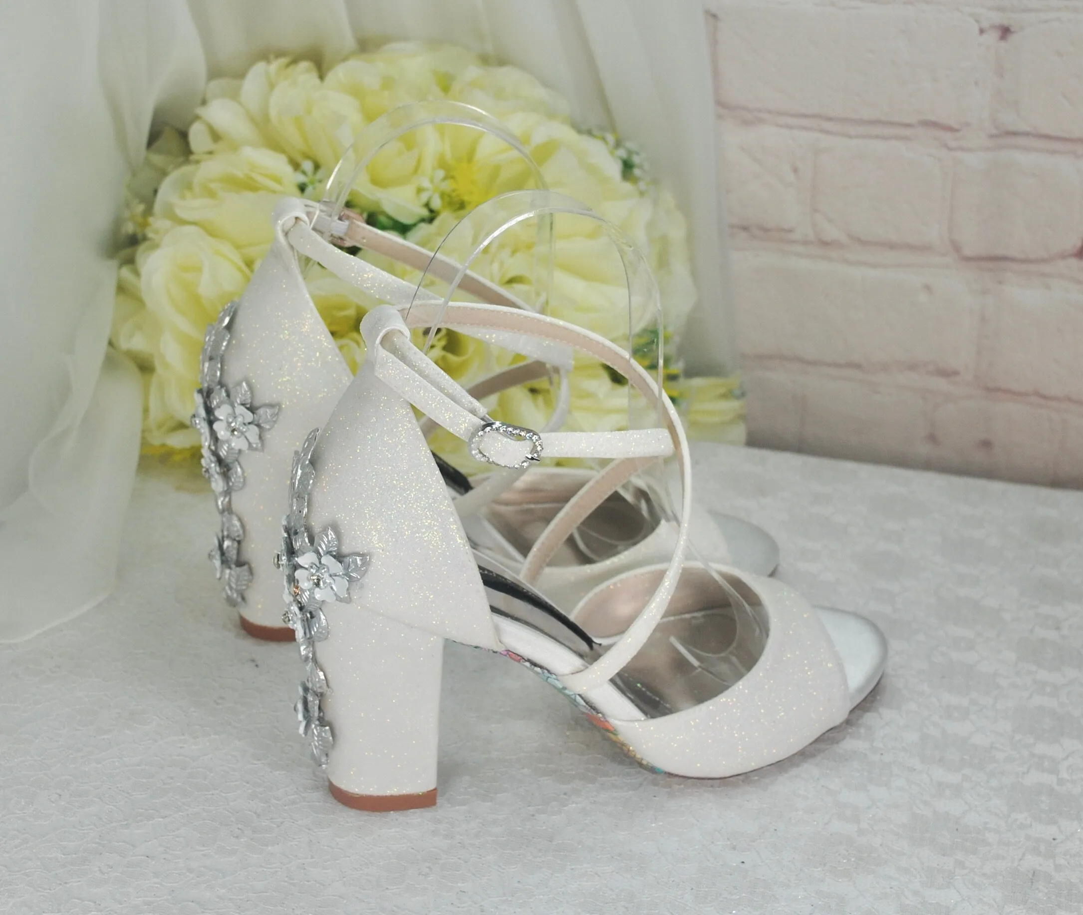 Ivory Shimmer Block Heel Bridal Sandals
