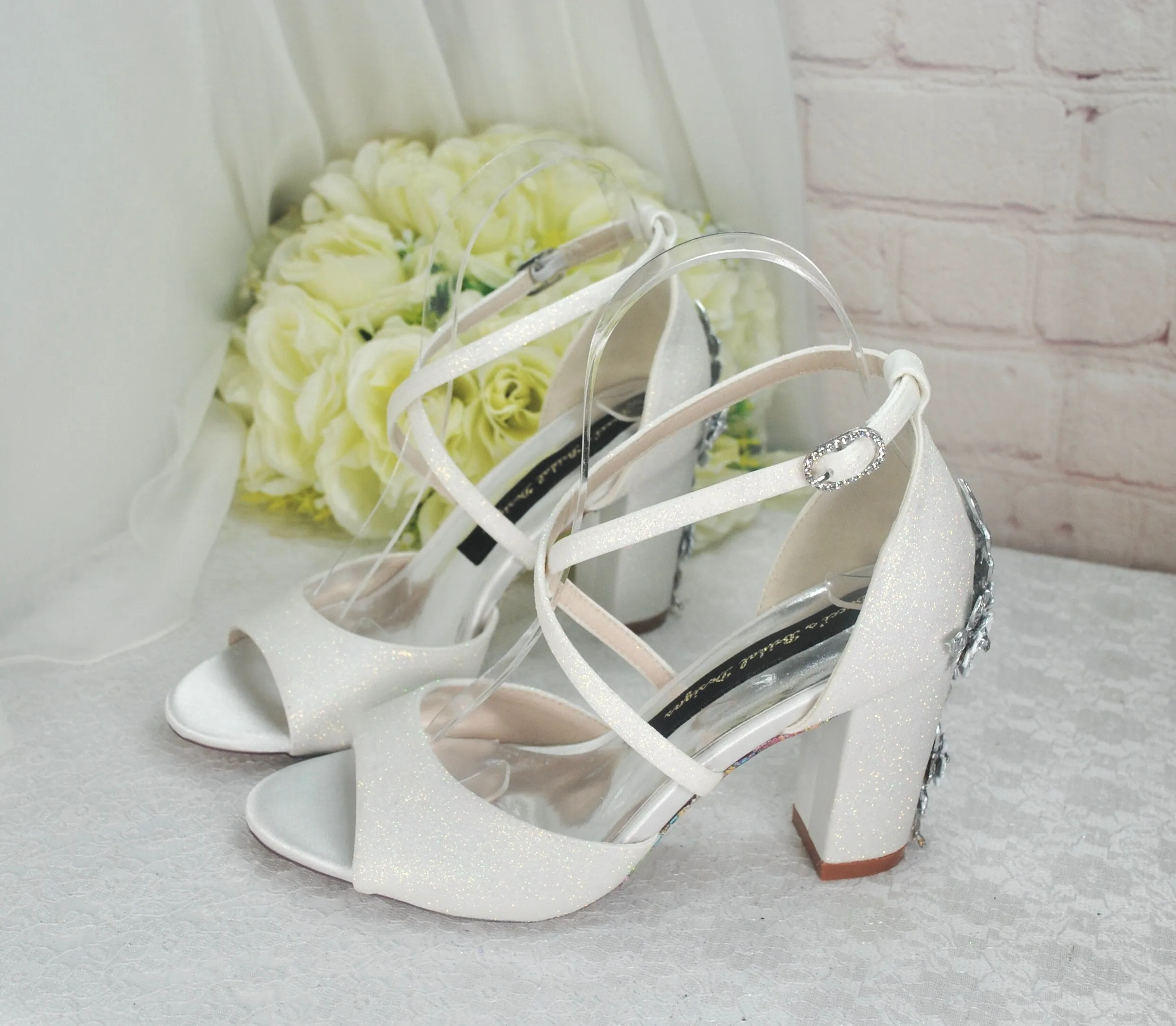 Ivory Shimmer Block Heel Bridal Sandals