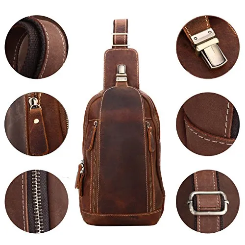 Leathario Men'S Leather Sling Bag Chest Bag One Shoulder Bag Crossbody Bag Backpack For Men