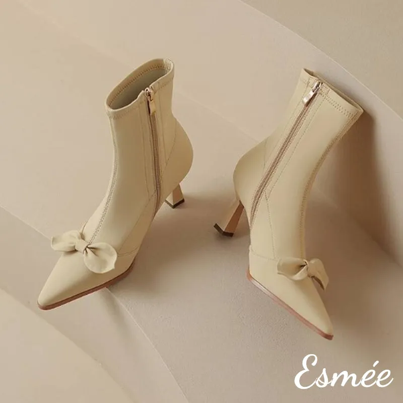 Leather Ankle Boots with Bow Knot Design