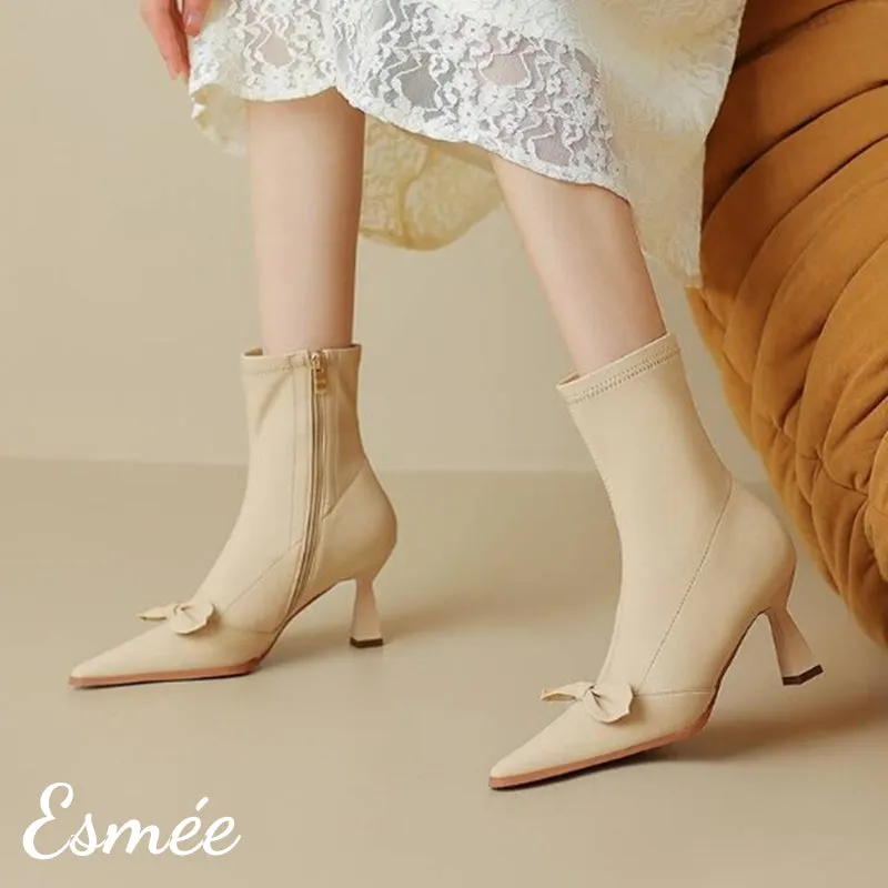 Leather Ankle Boots with Bow Knot Design