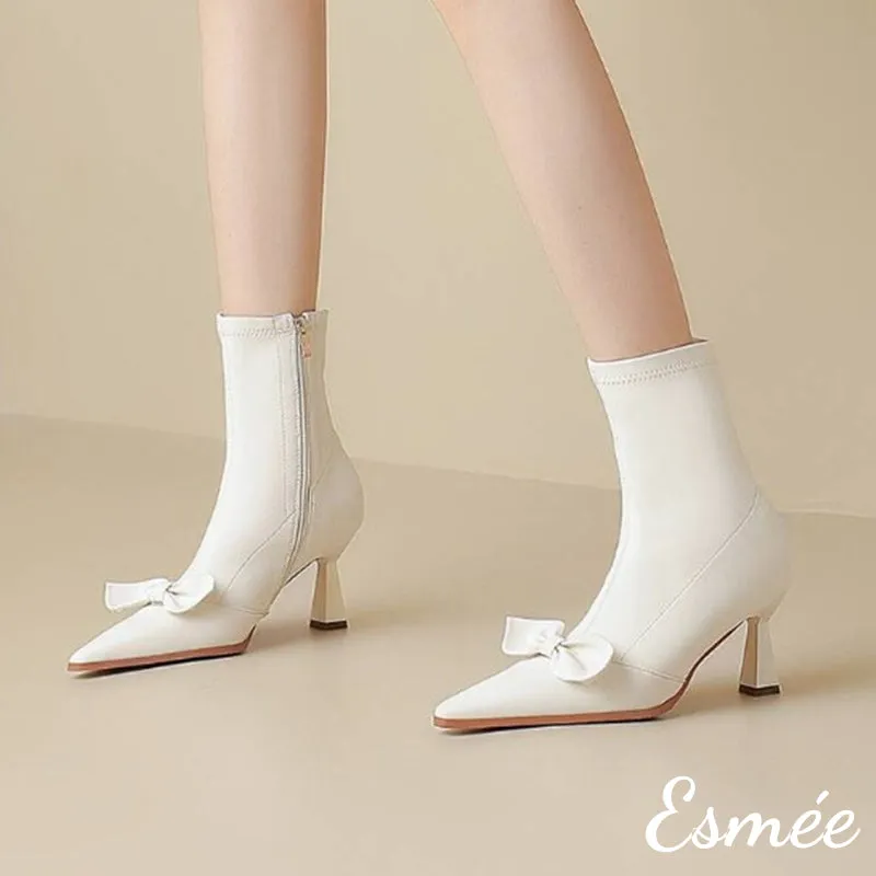 Leather Ankle Boots with Bow Knot Design