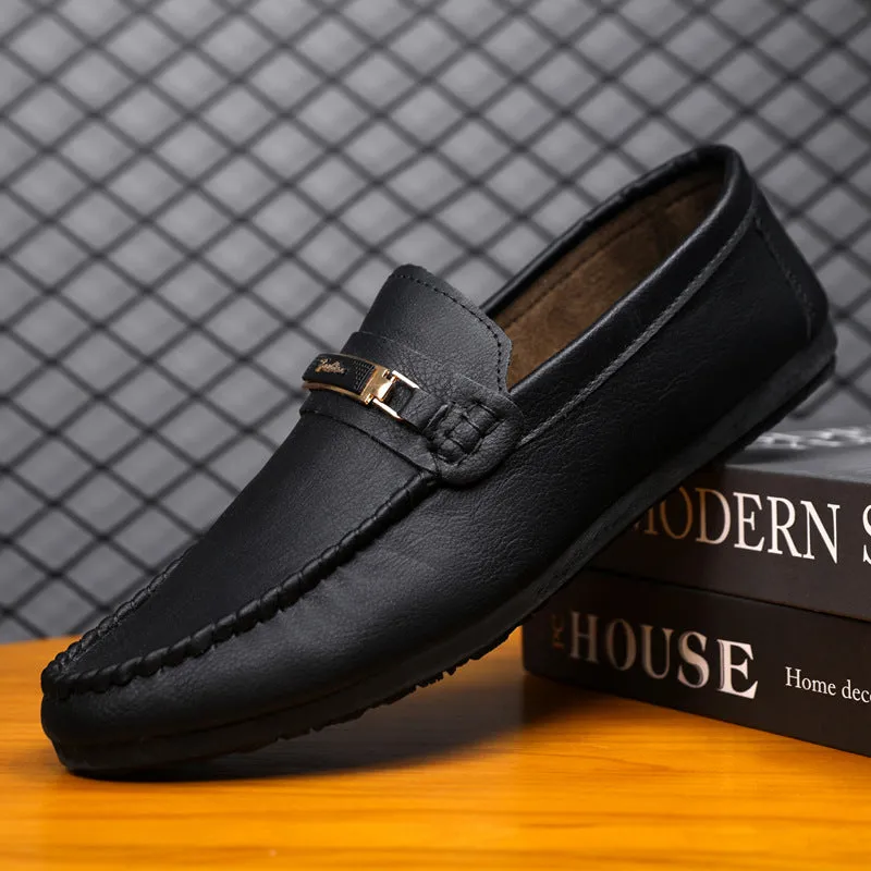 Leather shoes waterproof casual one-pedal loafers handmade business low-top black British men's shoes flat platform single shoes