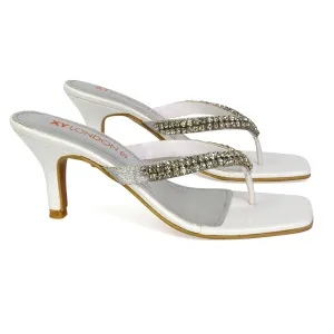 Lynn Square Toe Post Embellished Diamante Strappy Kitten Heel Mule Sandals in White