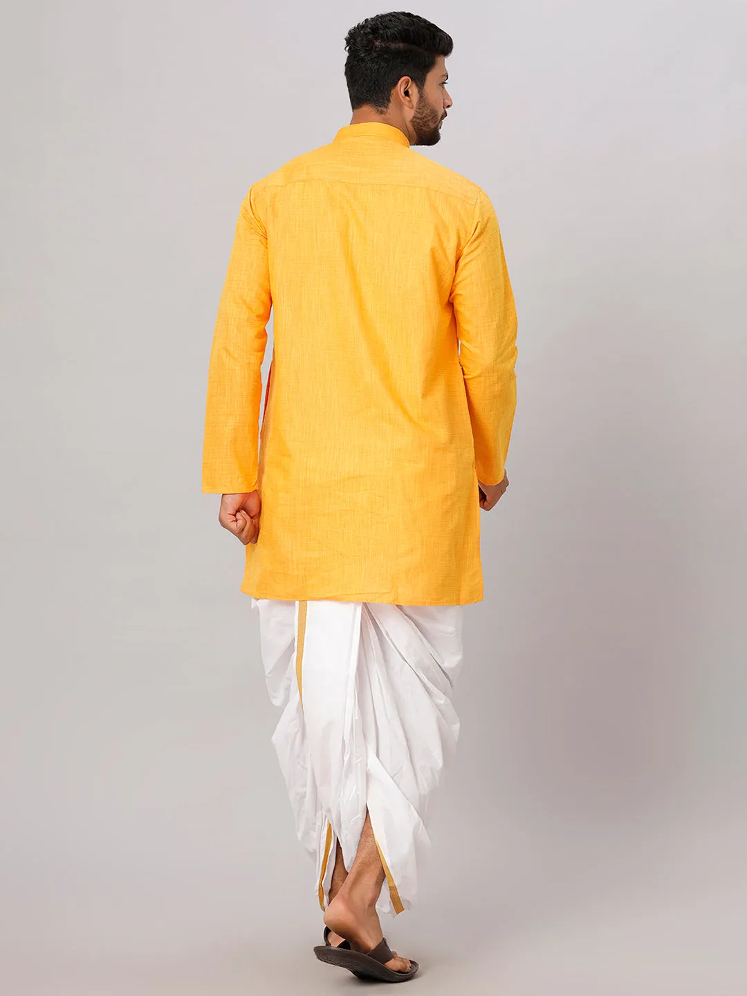 Men Cotton Medium Length Kurta with White Readymade Elastic Panchakacham Set FS1